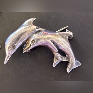 Vintage Sterling Silver Dolphins Brooch